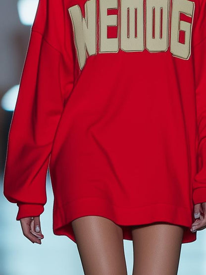 Casual Loose Lettering Red Sweater Long Sleeve Mini Dress