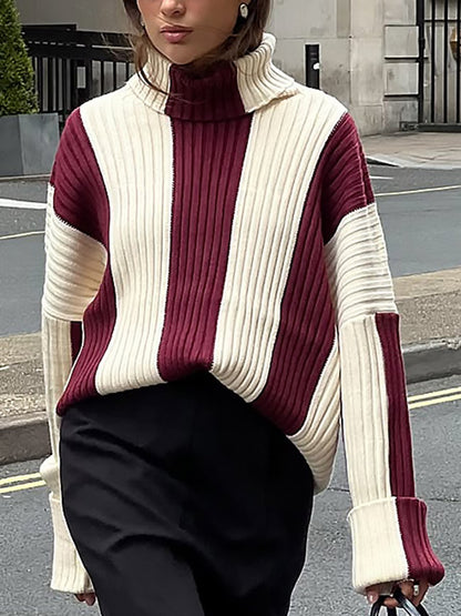 Casual Loose Fashionable Red and White Striped Turtleneck Knitted Sweater