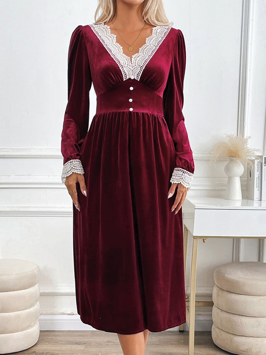 Fashion Retro Party Velvet Lace Stitching Contrast Color Long Sleeve Midi Dress