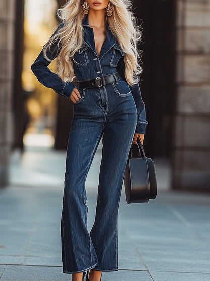 Casual Loose Vintage Denim Pocket Zipper Jumpsuit