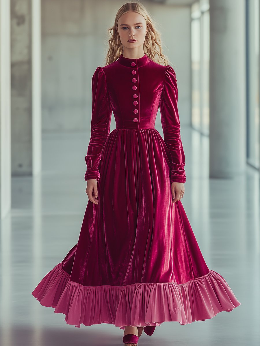 Elegant Small Stand-up Collar Rose Red Velvet Long-sleeved Maxi Dress