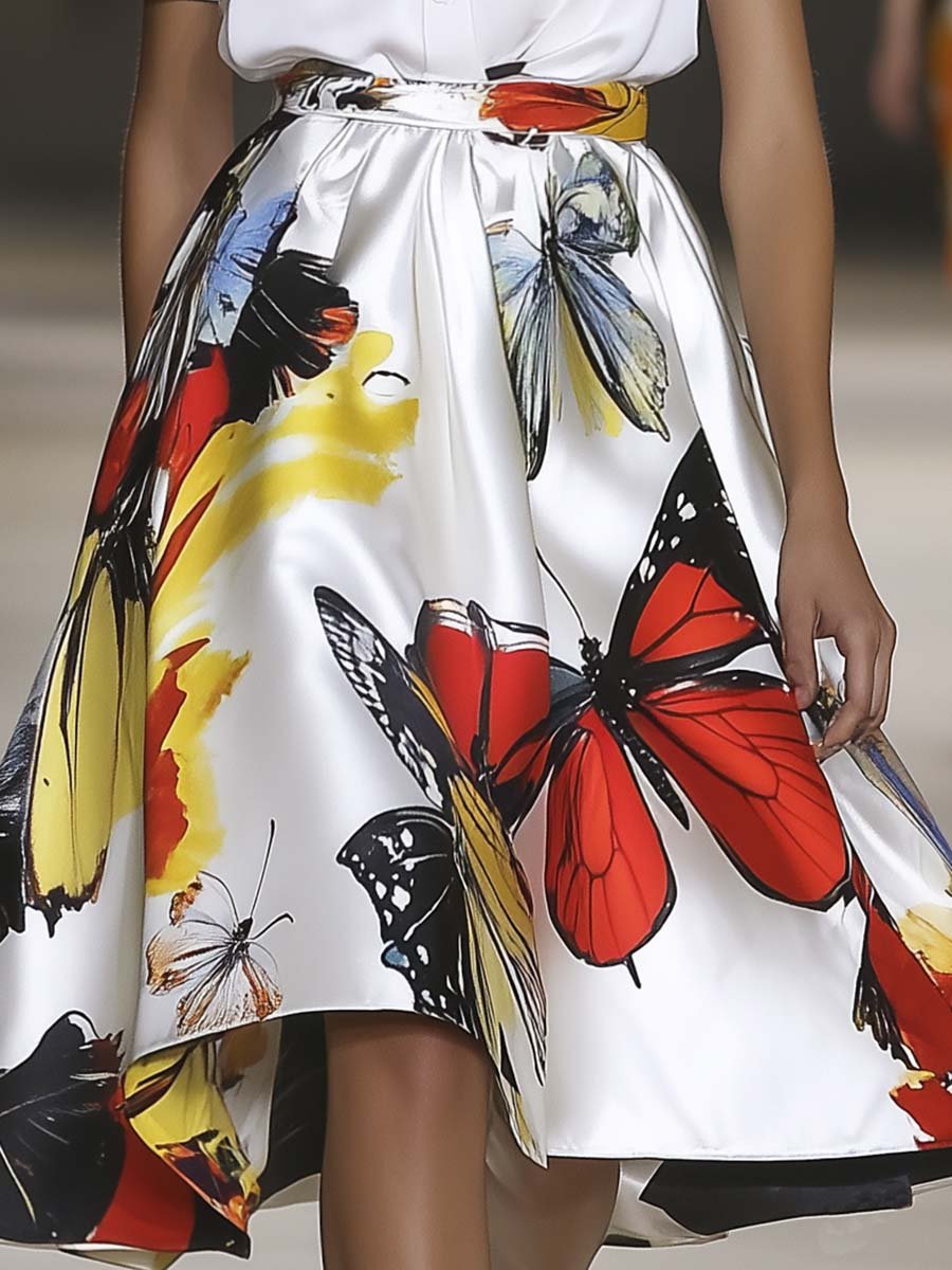 Elegant A-line Lucky Butterfly Print White Skirt