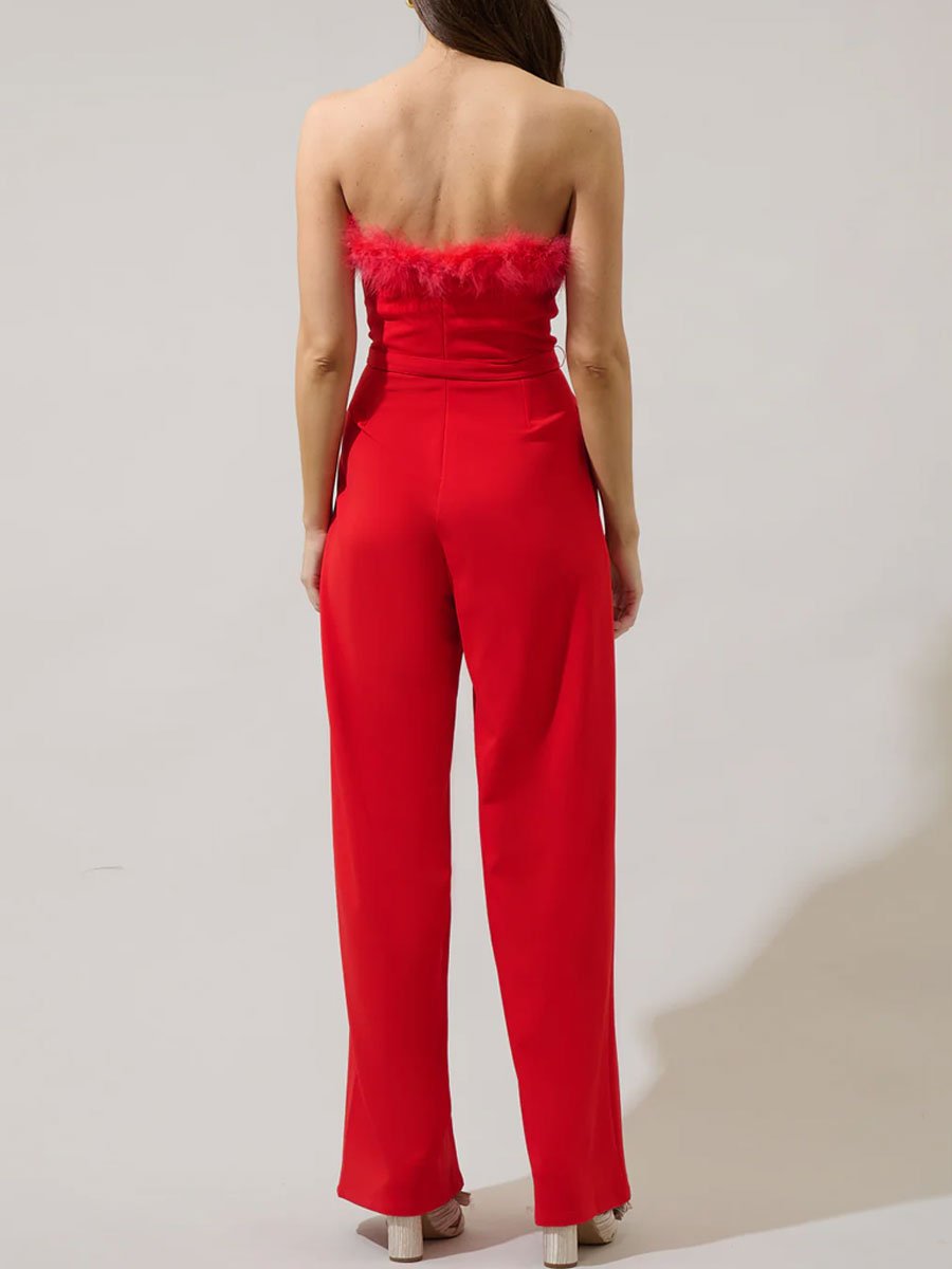 Fashion Retro Red Feather Stitching Lace-Up Sleeveless Wide-Leg Jumpsuit