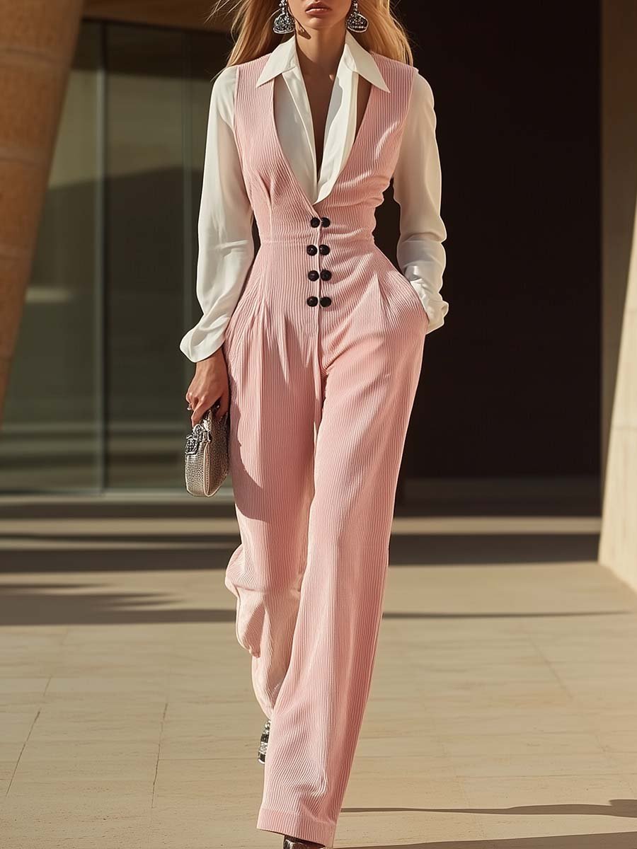 Elegant and Fashionable Low U-neck Sleeveless Light Pink Corduroy Jumpsuit