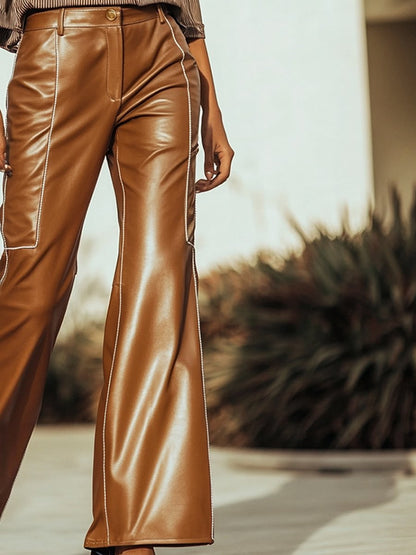 Retro Fashion Brown Pressed Matte Leather Straight Pants