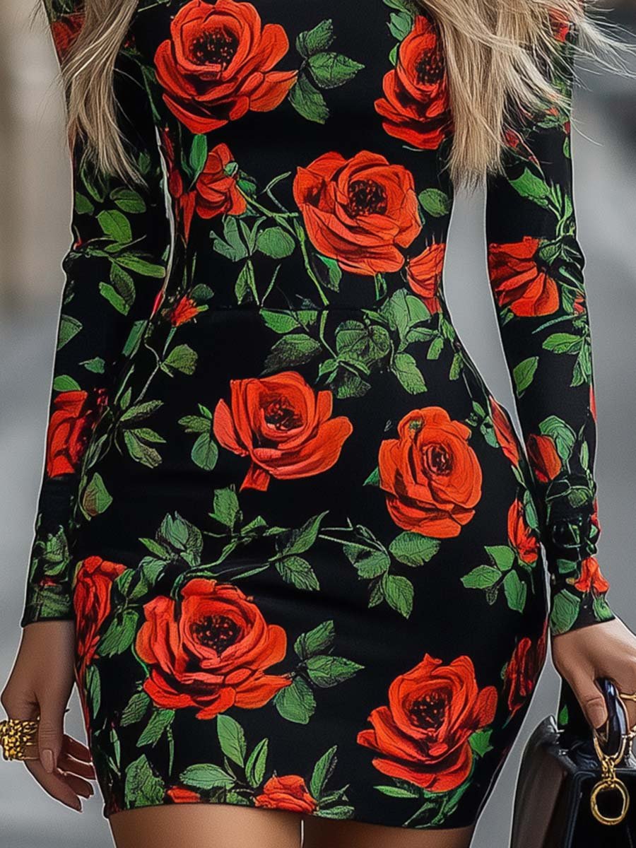 Fashion Romantic Square Neck Rose Print Mini Dress