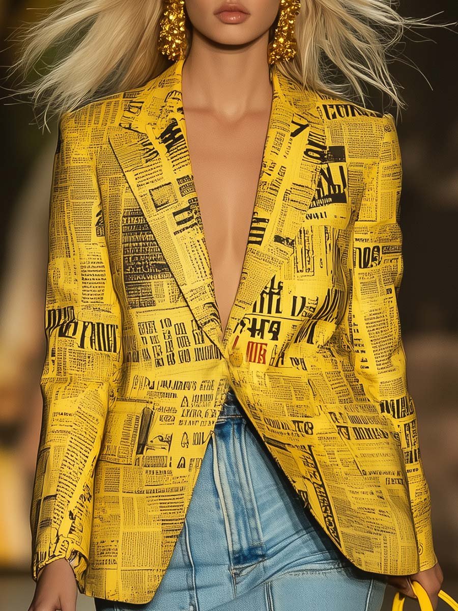 Fashionable Personalized Newspaper Print Yellow Blazer