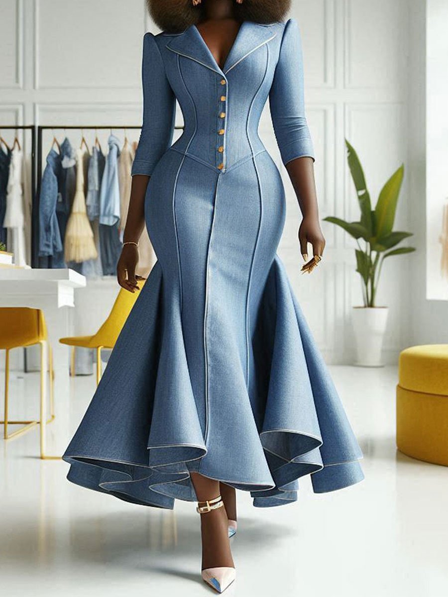 Fashion Retro Blue Denim Fishtail Long Skirt Mid Sleeves Midi Dress