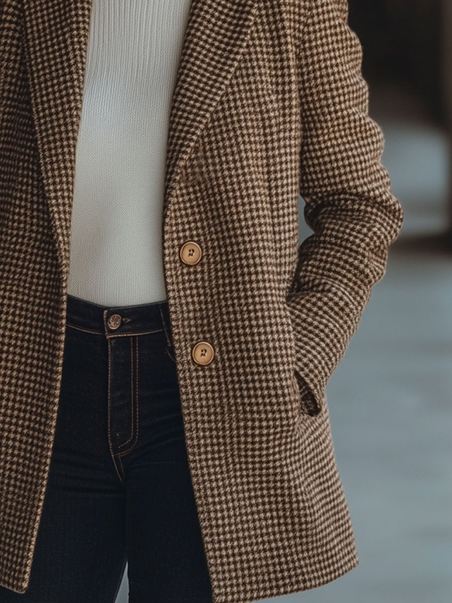 Casual Loose Vintage Woolen Brown Houndstooth Pocket Coat