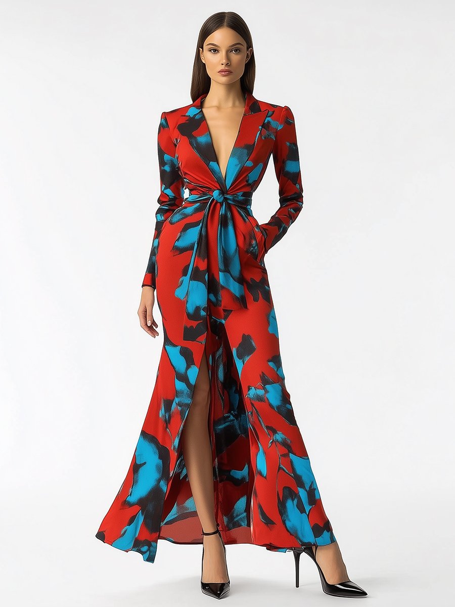 Fashionable Blue Abstract Print Red Lapel Chiffon Maxi Dress