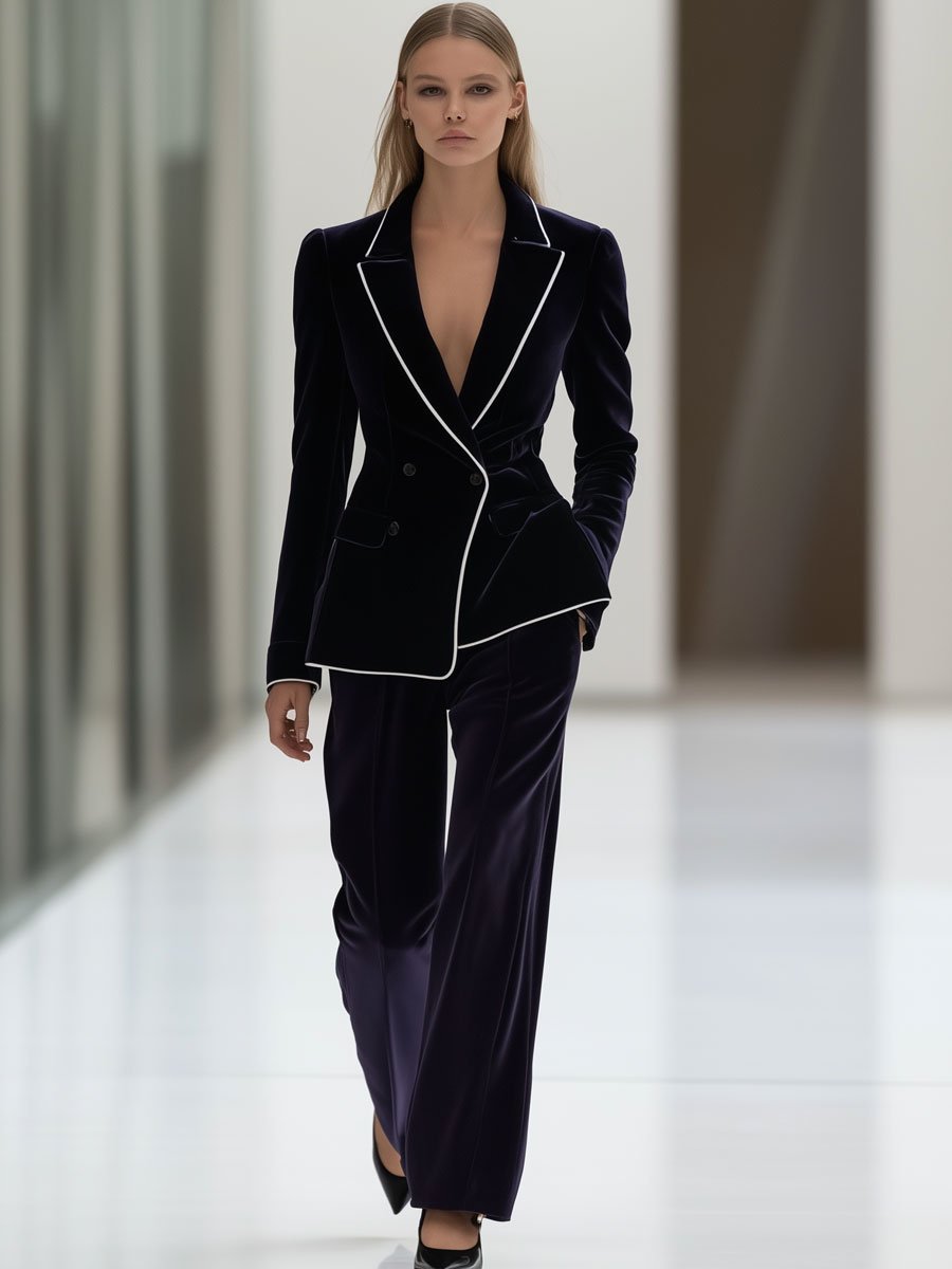 Casual Loose Vintage Velvet Double-Breasted Suit And Pants Set