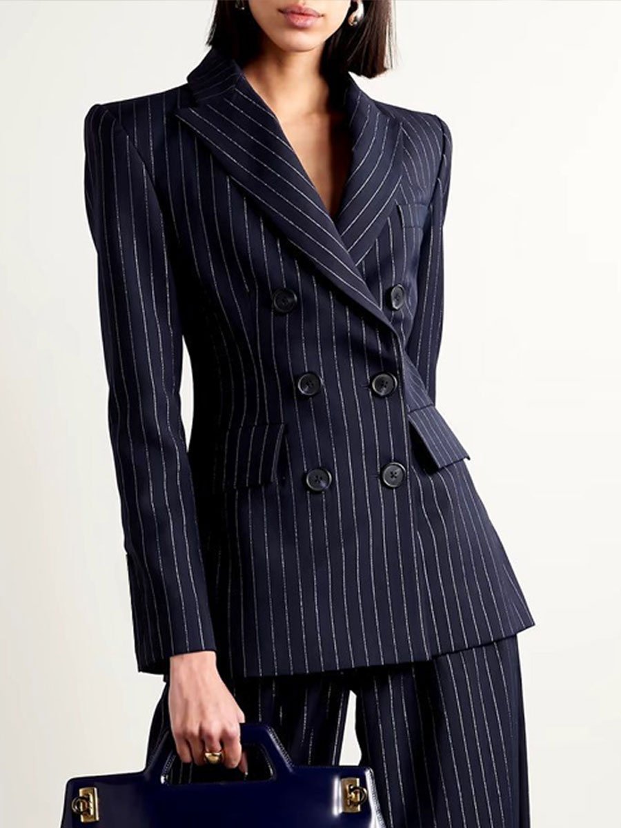 Casual Loose Retro Navy Striped Double Breasted Suit Jacket Pants Set