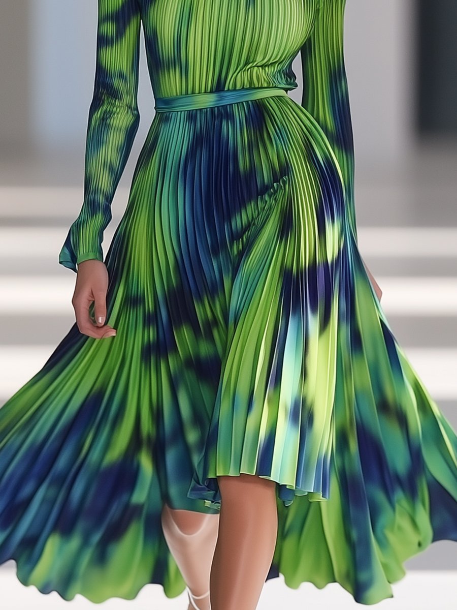 Fashionable and Personalized Blue and Green Abstract Printed Pleated Midi Dress