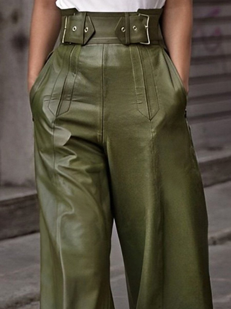 High-End Loose And Fashionable Olive Green Leather Wide-Leg Pants