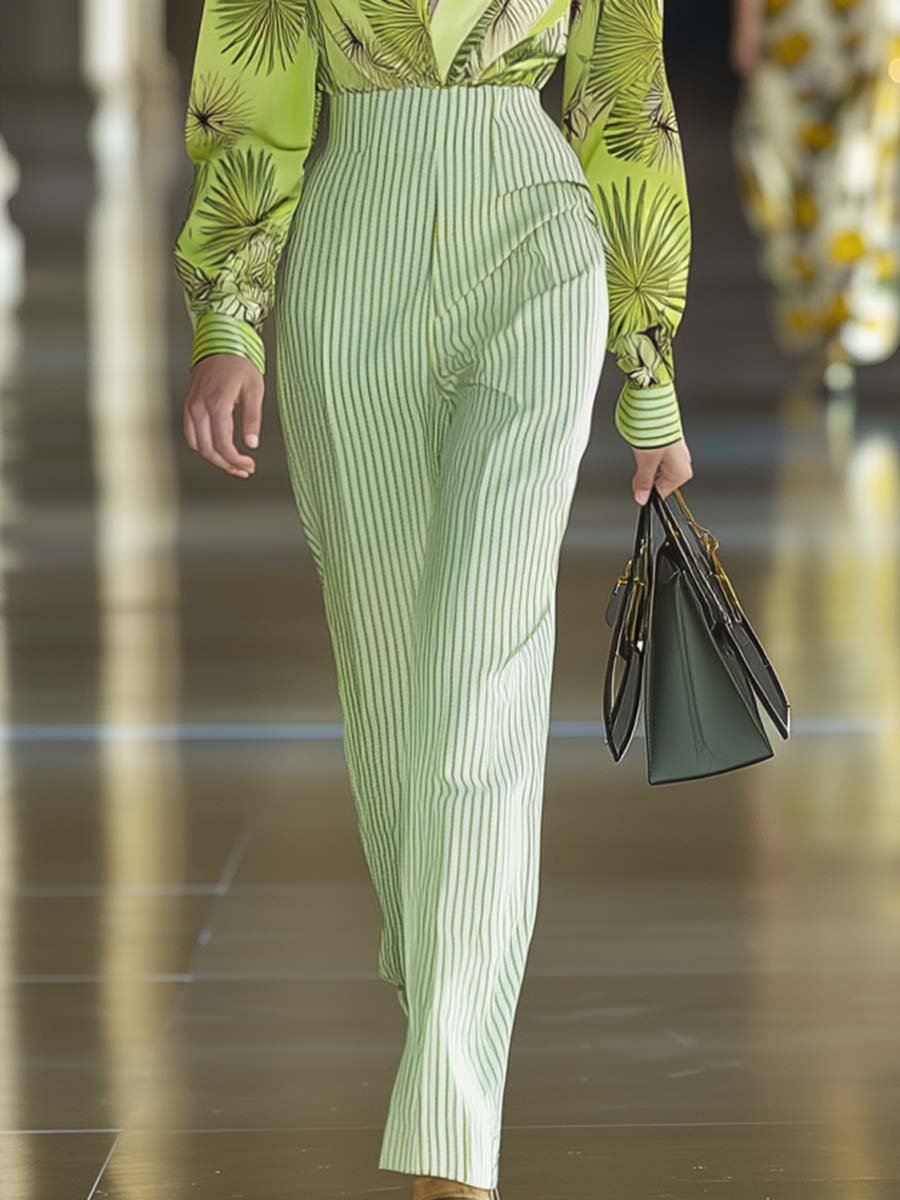 Fresh V-neck Printed Striped Contrasting Yellow-green Jumpsuit