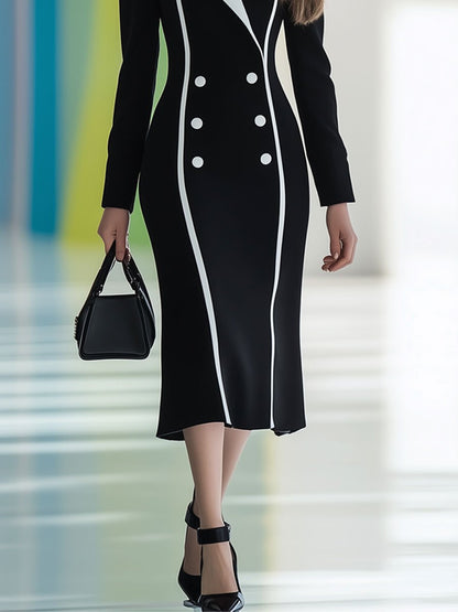 Casual Fashion Retro Black and White Colorblock Trench Coat Midi Dress