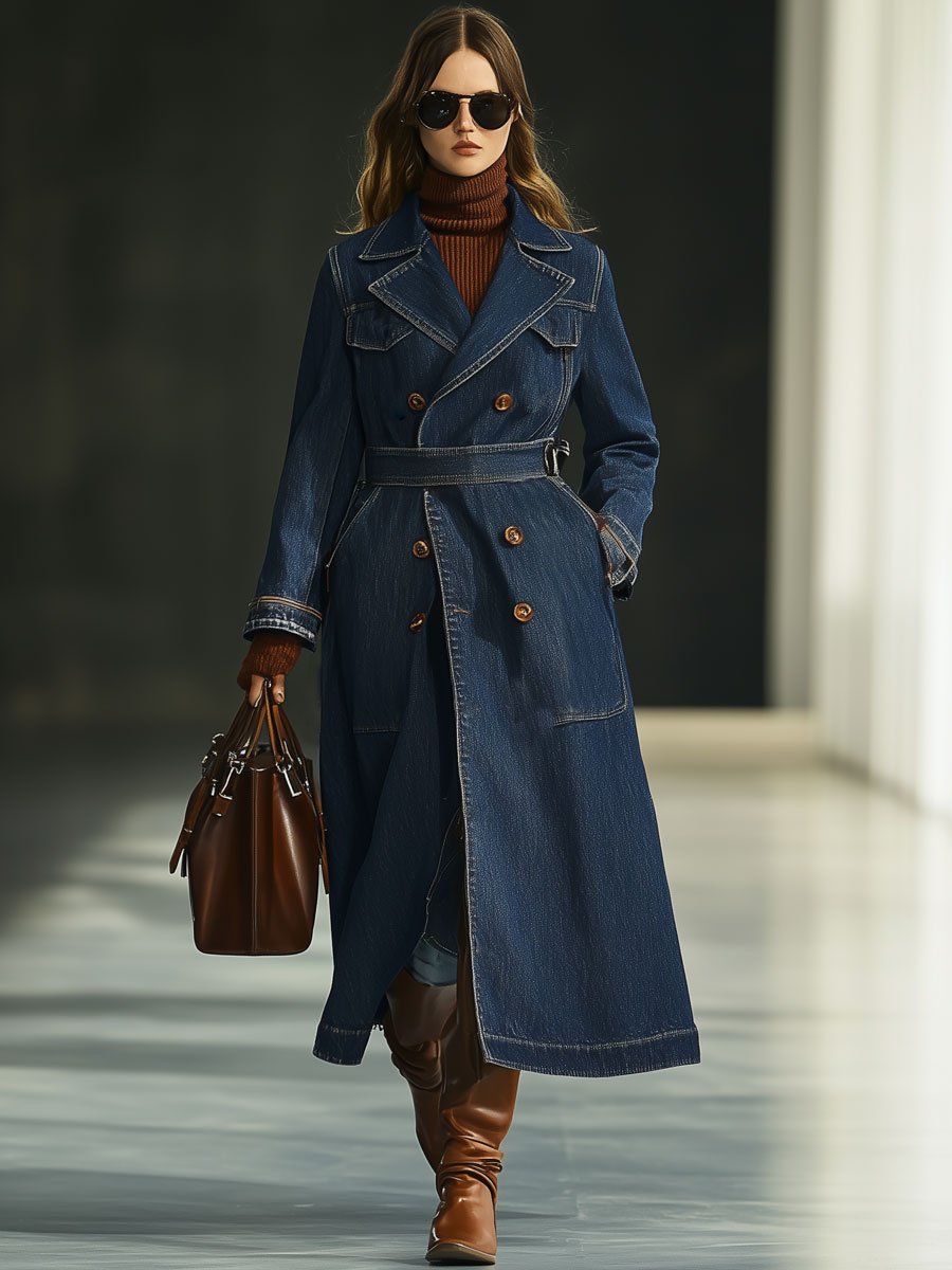 Casual Retro Double-Breasted Mid-Length Denim Trench Coat