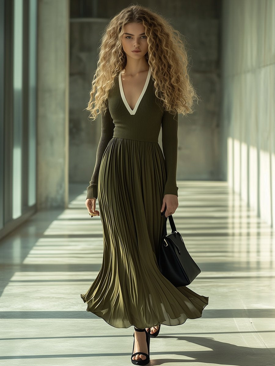 High-End Temperament Waist V-Neck Green Pleated Hem Elastic Slim Long Dress