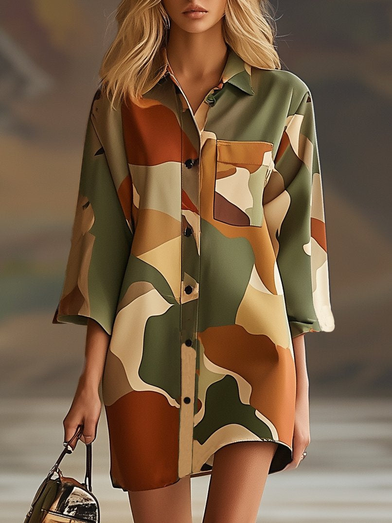 Casual Loose Camouflage Print Shirt Long Sleeve Mini Dress