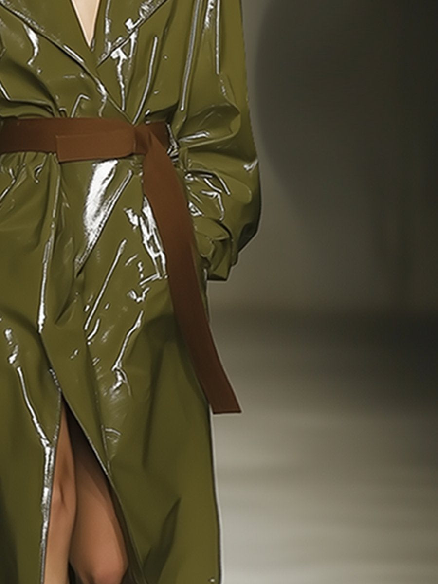 Casual Loose Patent Leather Olive Green Coat