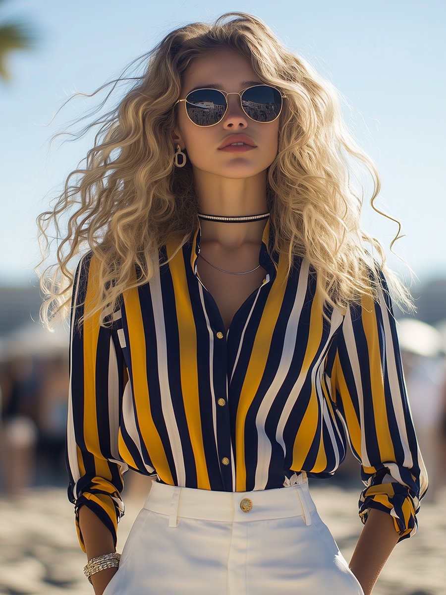 Retro Casual Fashionable Blue And Yellow Striped Shirt