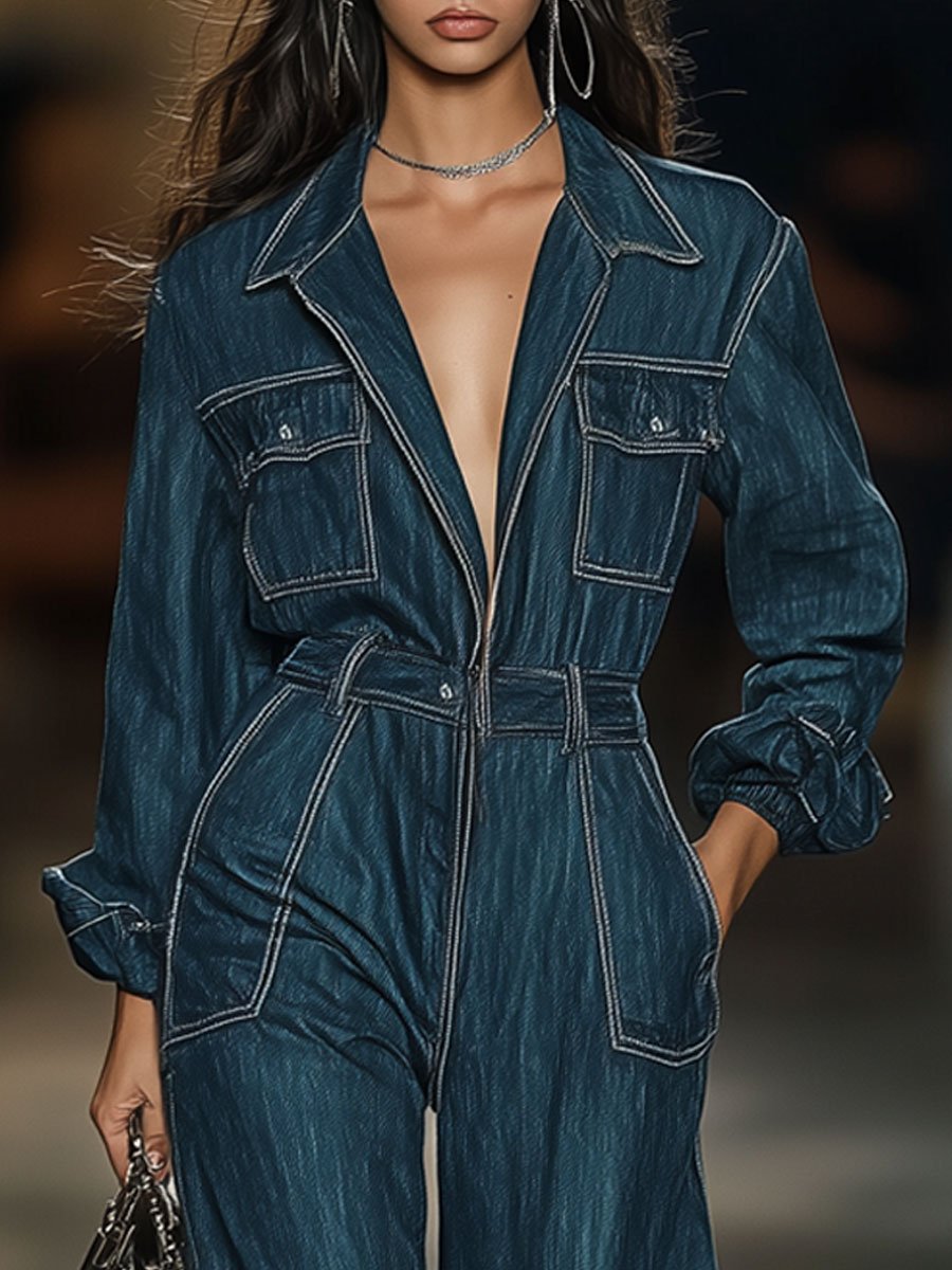 Casual Loose Contrast Line Multi-Pocket Long-Sleeved Denim Jumpsuit