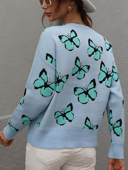 Butterfly Jacquard Round Neck Loose Knitted Pullover Sweater