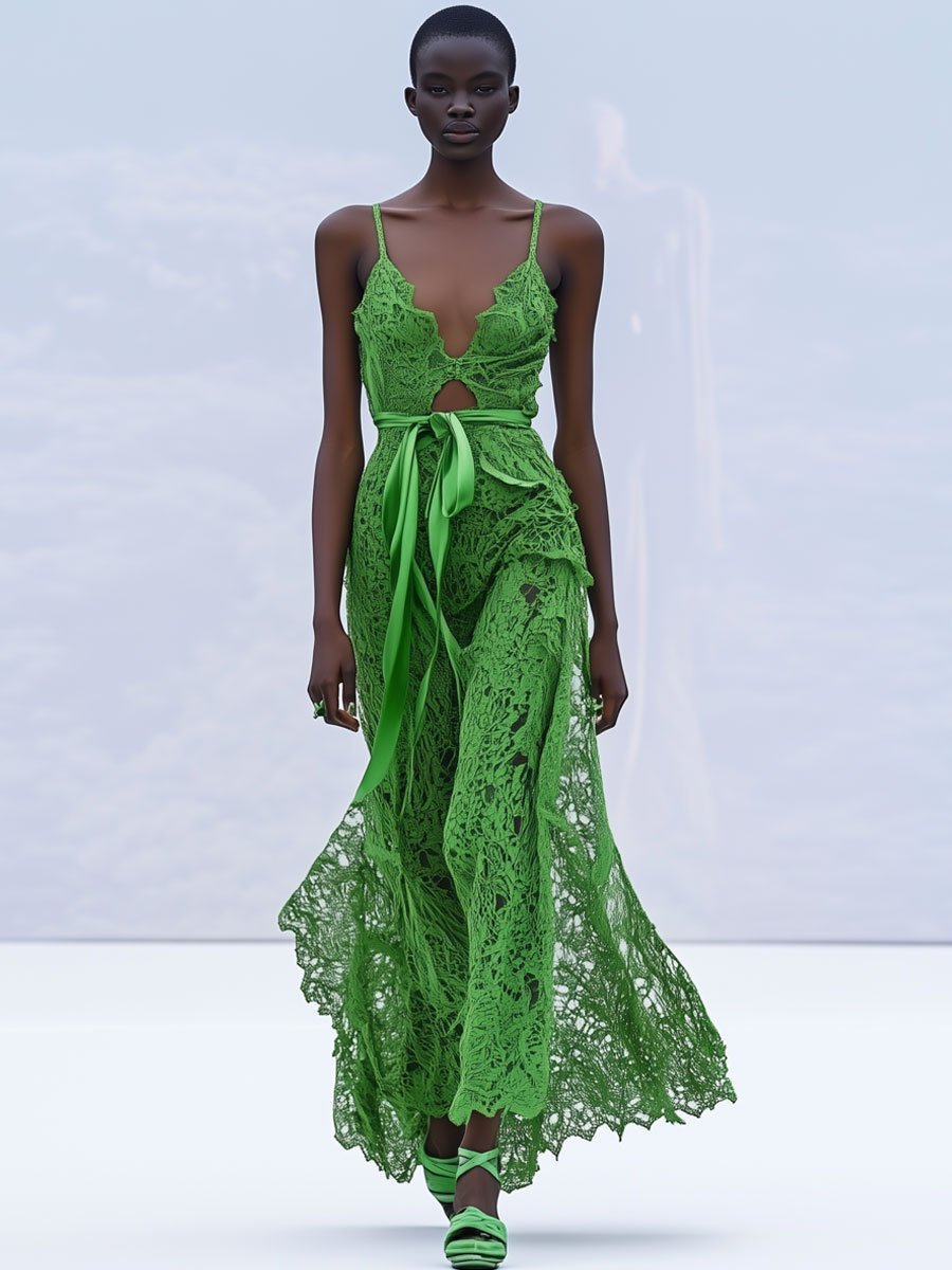 Fashion Party Holiday Green Lace Sleeveless V-Neck Maxi Dress