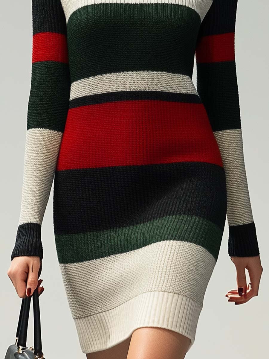 Fashionable and Avant-garde High Collar Contrast Color Knitted Mini Dress