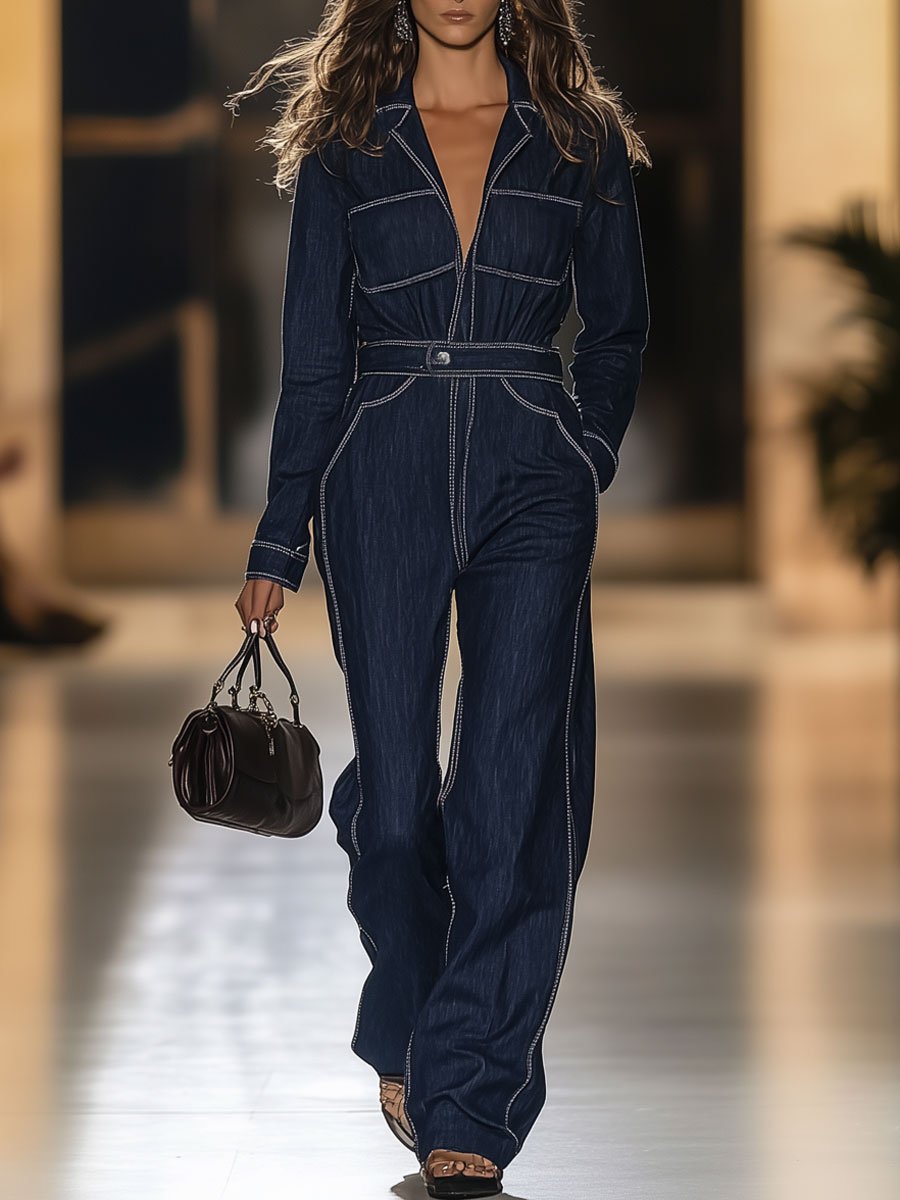 Casual Loose Topstitched Pocket Denim Long Sleeve Jumpsuit