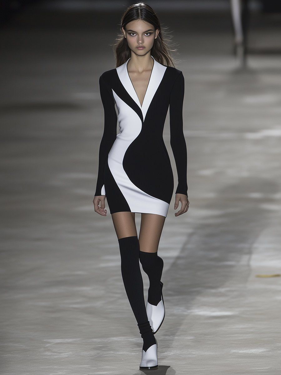 Fashionable Slim Black and White Split Mini Dress