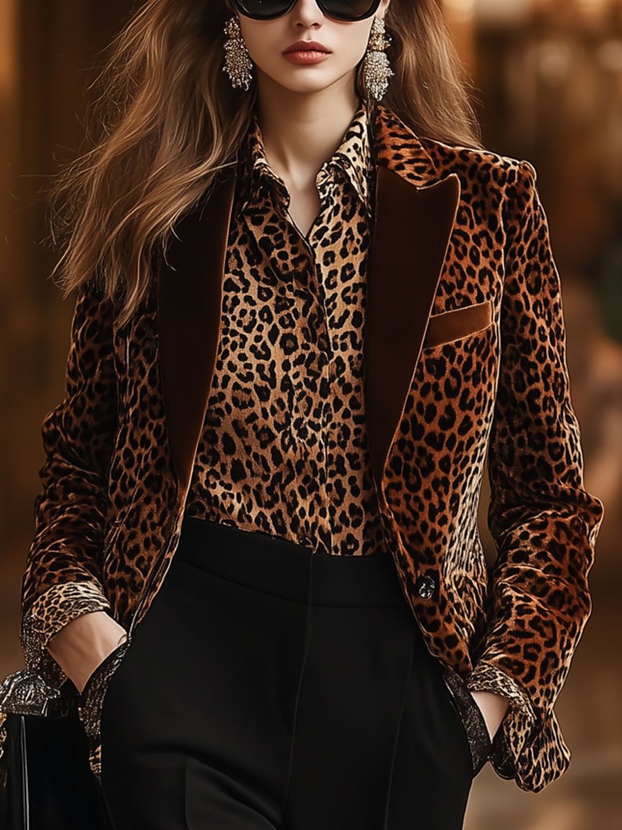 【24 hour shipping out】Casual Loose Retro Velvet Leopard Print Collar Blazer