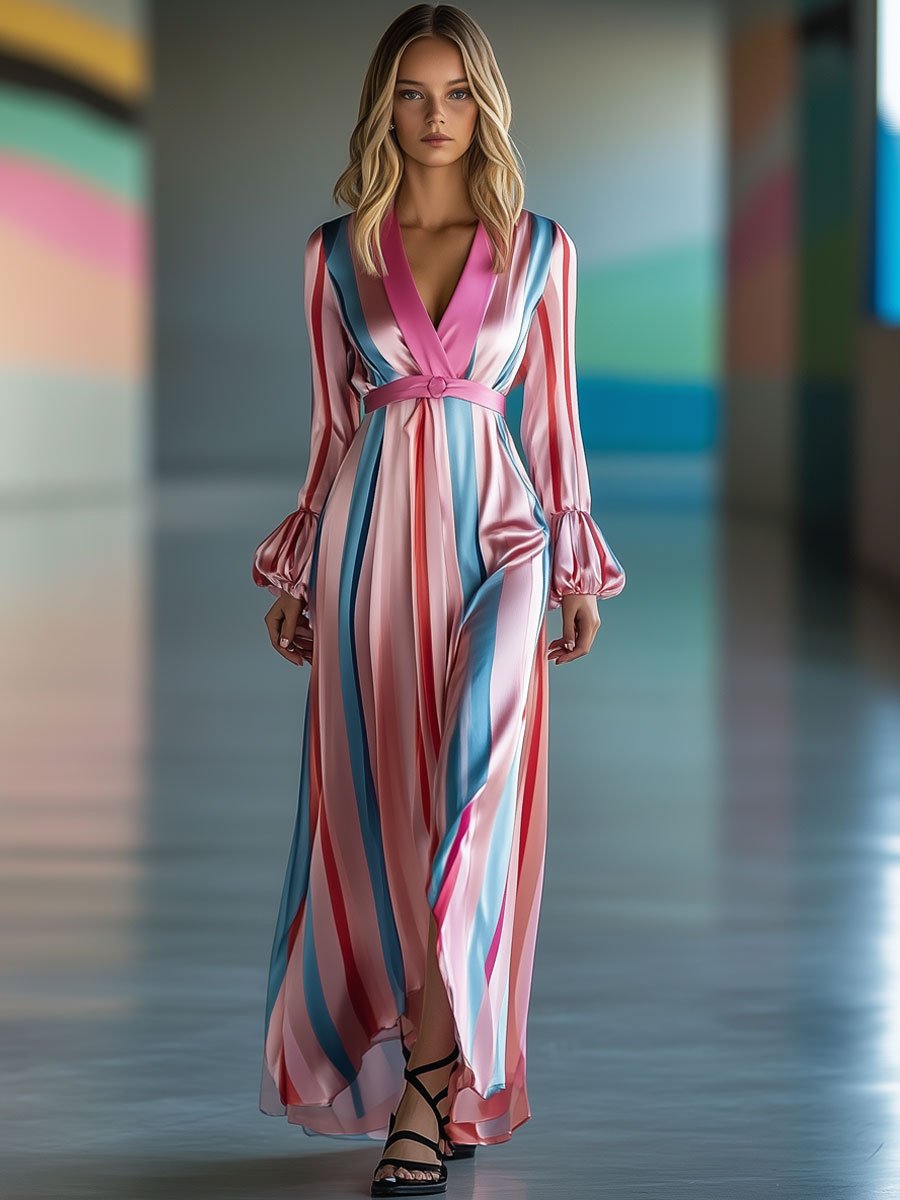 Fashion Party Pink Blue Striped Printed Satin V-Neck Long Sleeve Maxi Dress