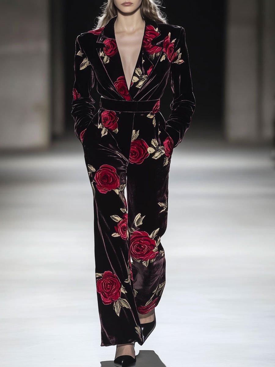 Casual Loose Retro Brown Velvet Red Rose Print Long Sleeve Jumpsuit