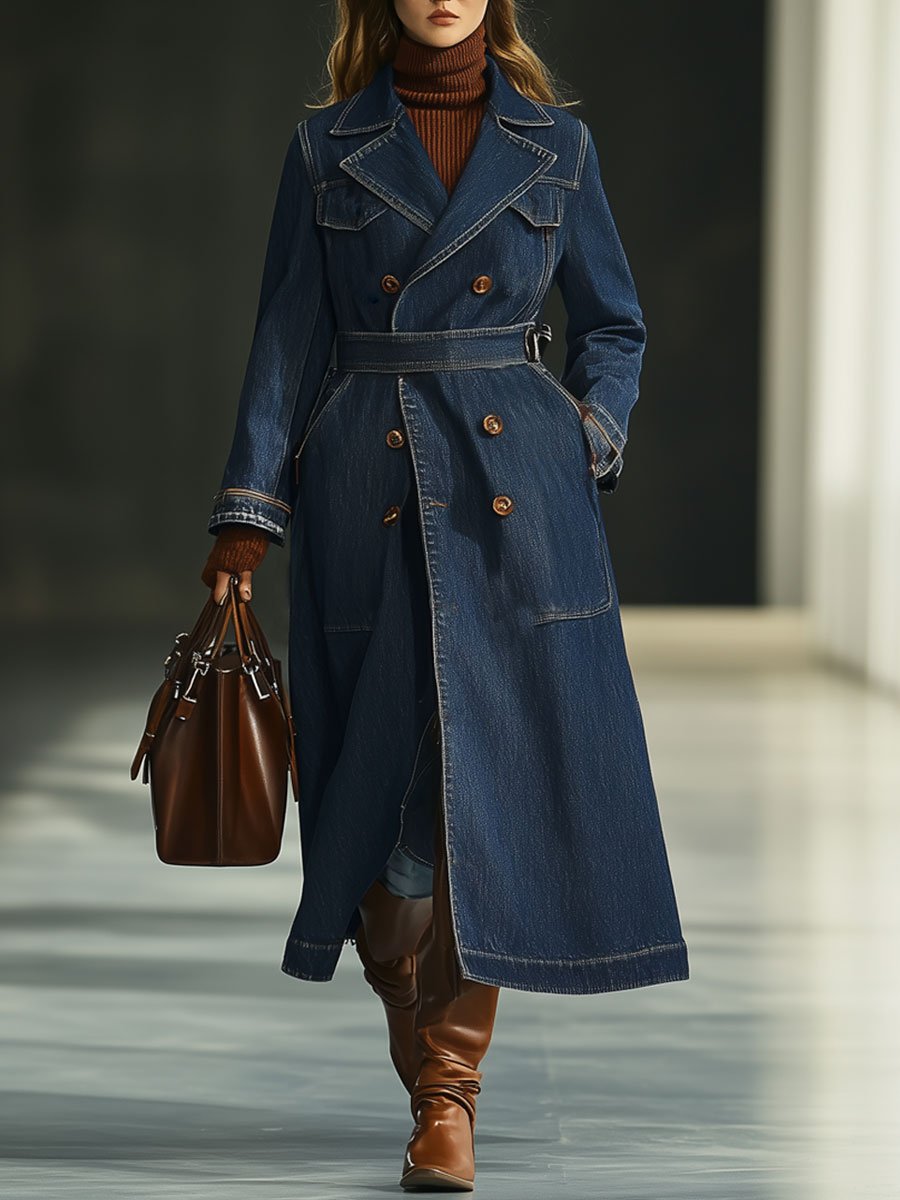 Casual Retro Double-Breasted Mid-Length Denim Trench Coat