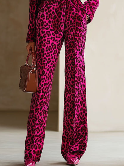 【24-hour shipping】Casual Loose Retro Velvet Leopard Print Lapel Long Sleeve Jumpsuit