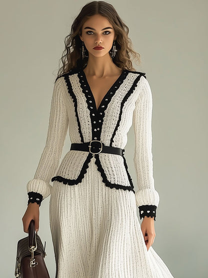 Fashion Retro Black And White Color Matching Knitted Long Sleeve Midi Dress