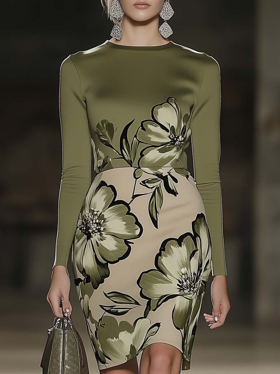 Elegant and Fashionable Round Neck Olive Green Floral Print Mini Dress