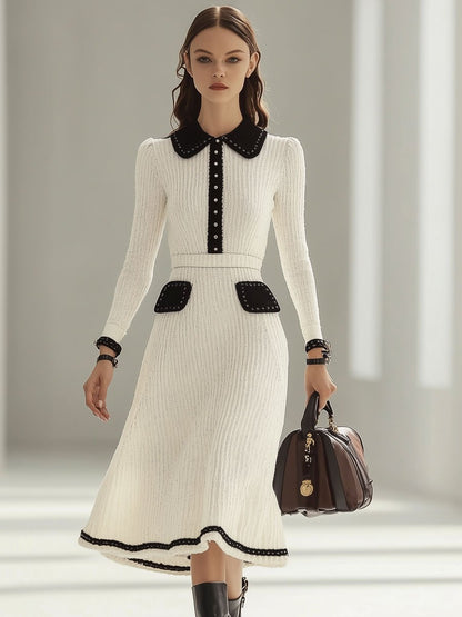 Fashion Retro Knitted Colorblock Long Sleeve Midi Dress