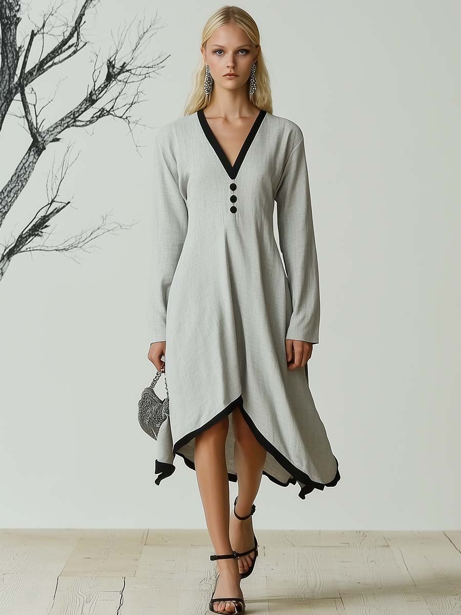 Human and Nature Are One V-neck Loose Light Grey Linen Midi Dress