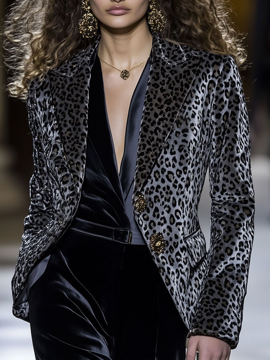 Casual Loose Velvet Leopard Print Lapel Metal Button Blazer