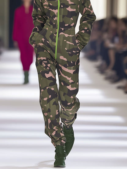 Casual Loose Camouflage Green Zipper Hooded Jumpsuit