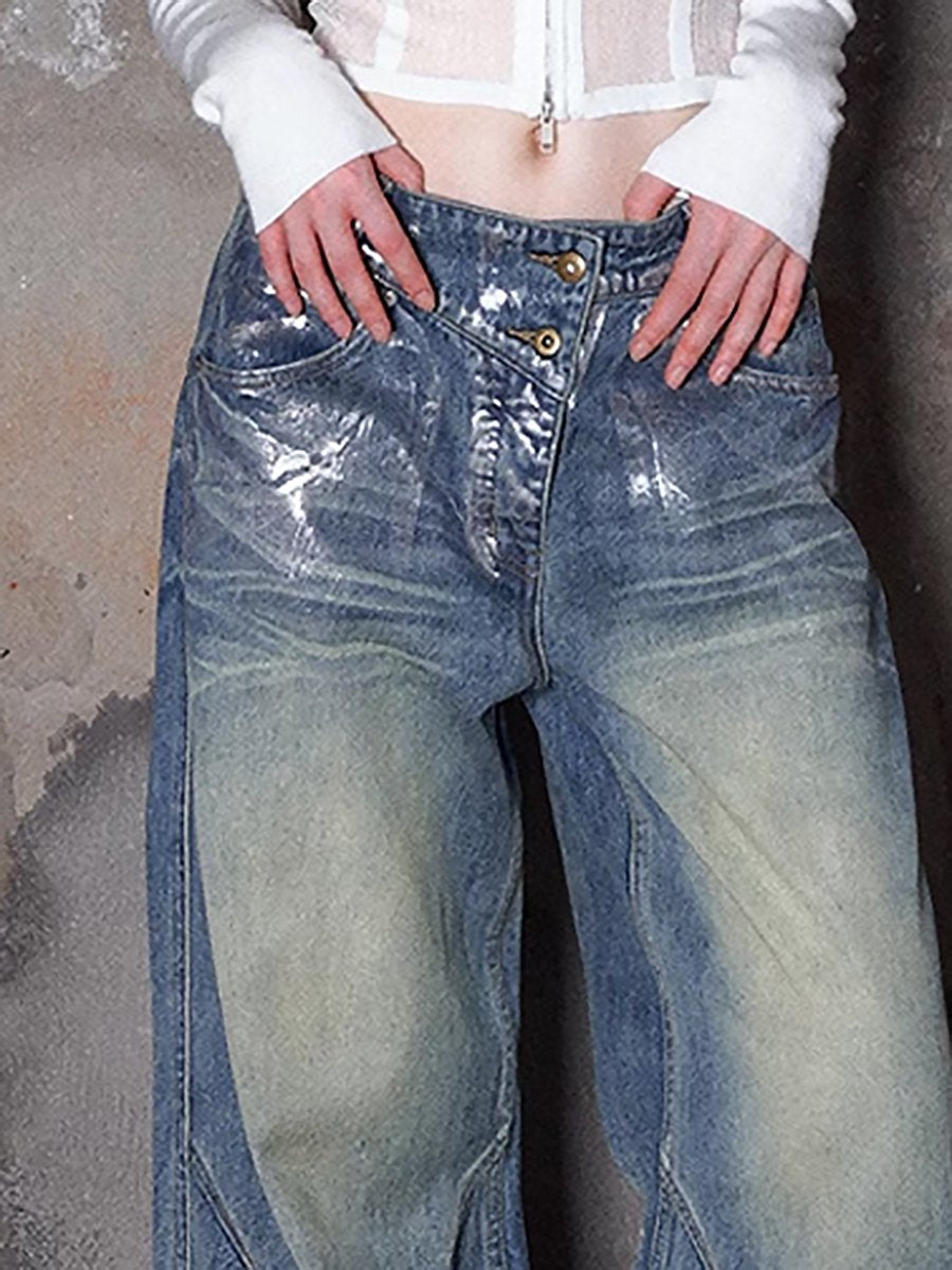 Low-Rise Casual Silver-Finish Loose Wide-Leg Denim Pants