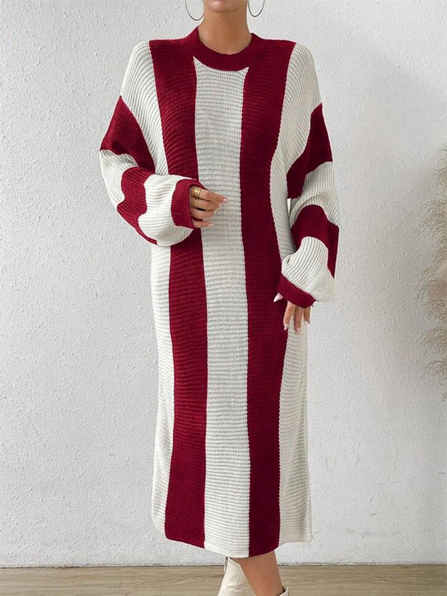 Retro And Fashionable Loose Red And White Color Matching Knitted Midi Dress