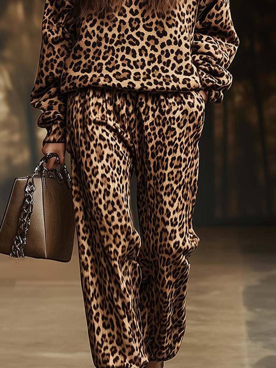 Fashion Retro Casual Hooded Leopard Print Sweatshirt and Pants Two-piece Set