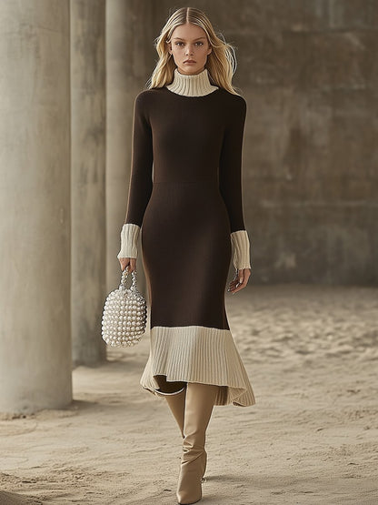 High-End Loose Casual Knitted Color-Blocked Midi Dress