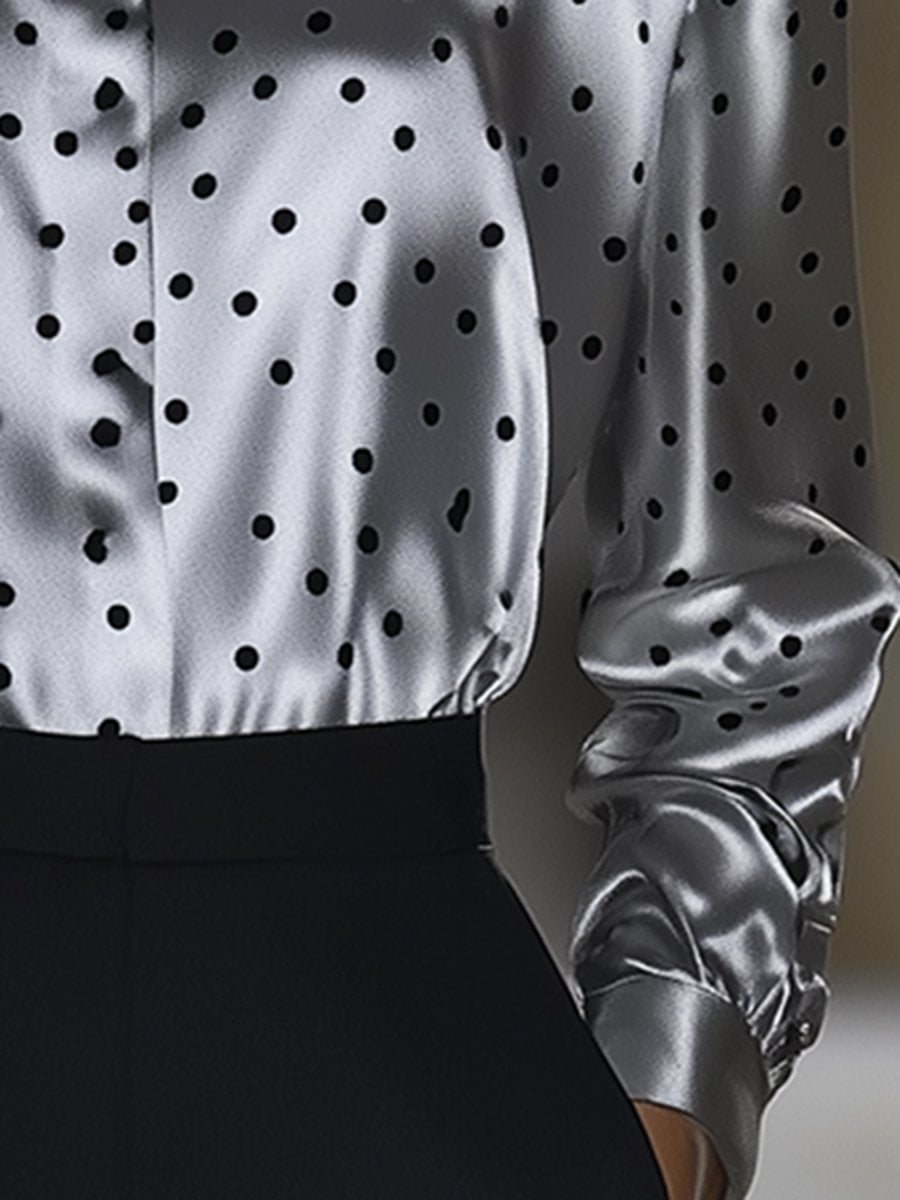 High-End Fashionable French Elegant Polka Dot Silver Satin Shirt