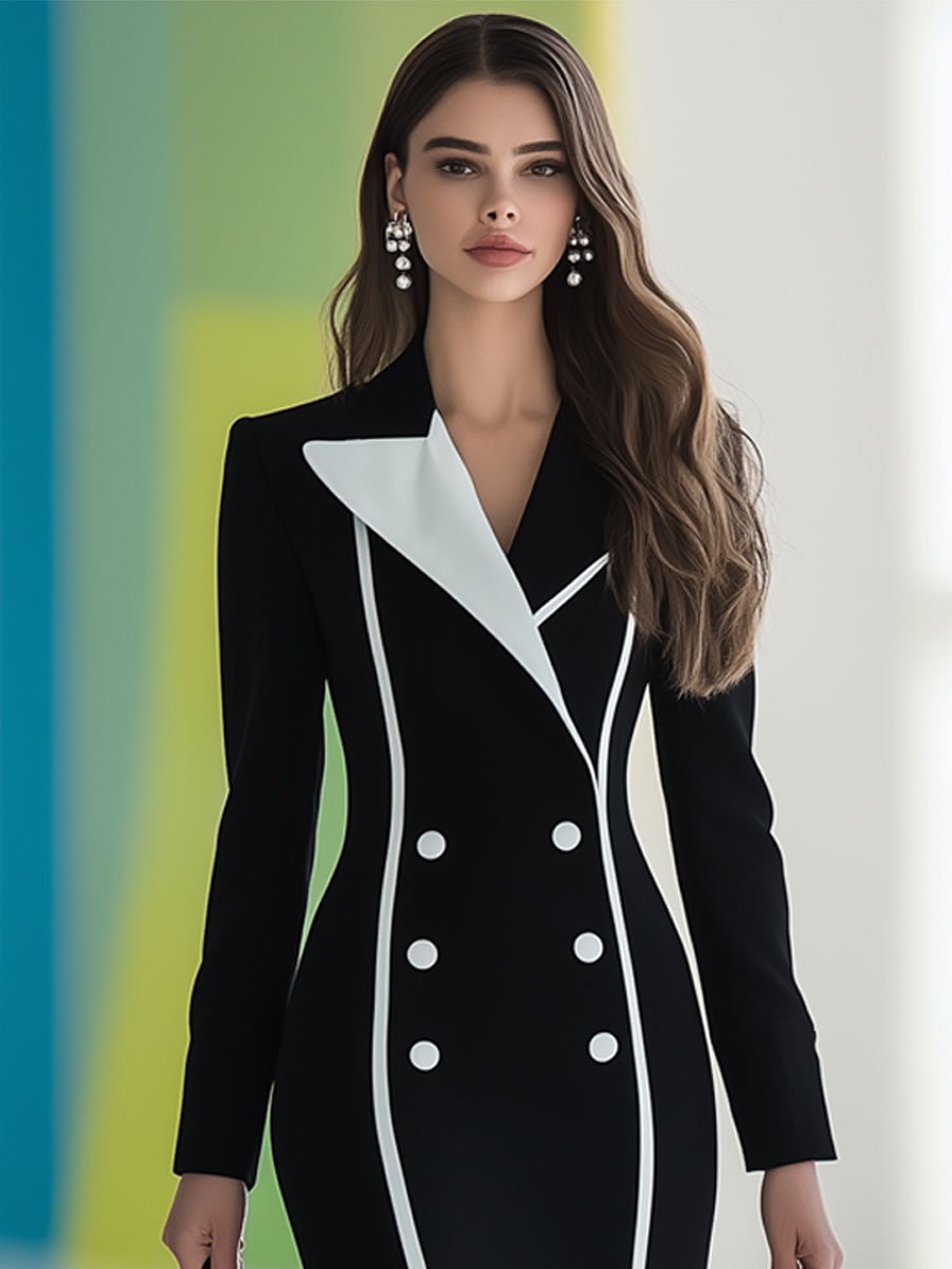 Casual Fashion Retro Black and White Colorblock Trench Coat Midi Dress