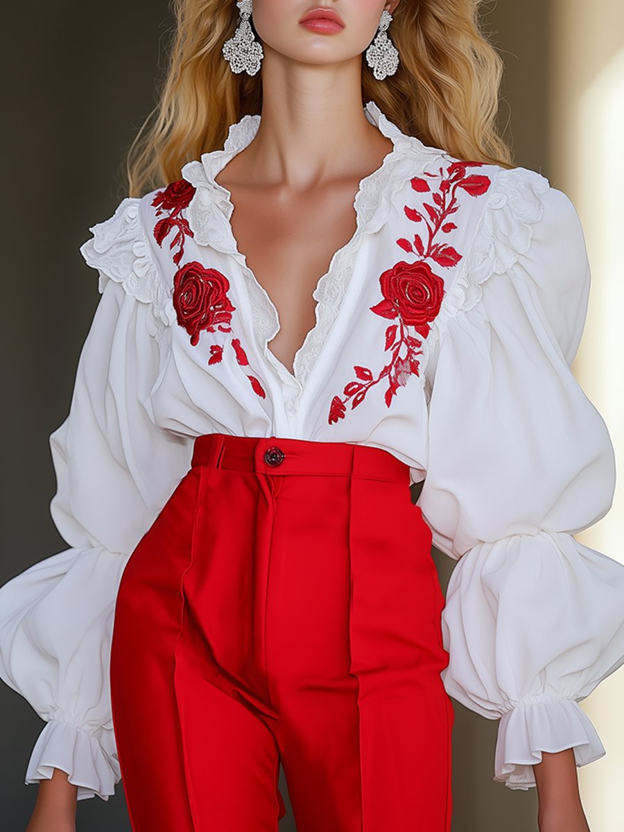 Retro Elegant Fashionable Rose Embroidery Puff Sleeve Shirt