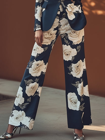 Elegant And Romantic Floral Print Dark Blue Suit Wide-Leg Pants Set